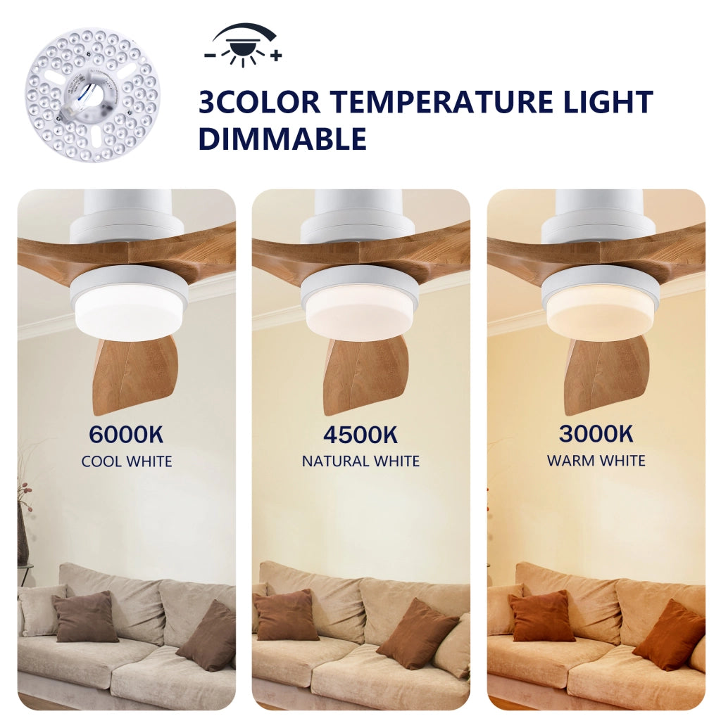 Ventilatore a soffitto da 60 pollici in legno massello con LED regolabile; telecomando; Natural e Bianco
