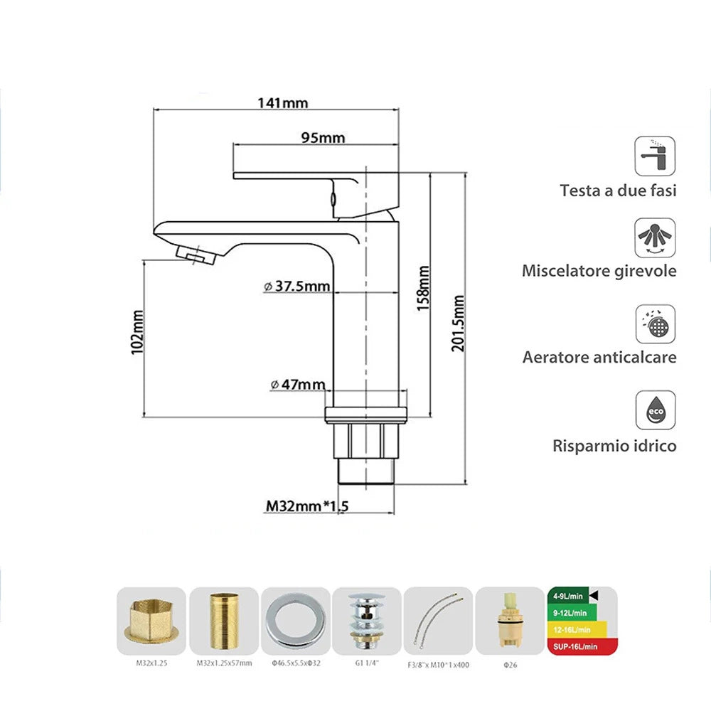 Rubinetto Lavabo Cromato Monocomando con Aeratore Anticalcare 94000