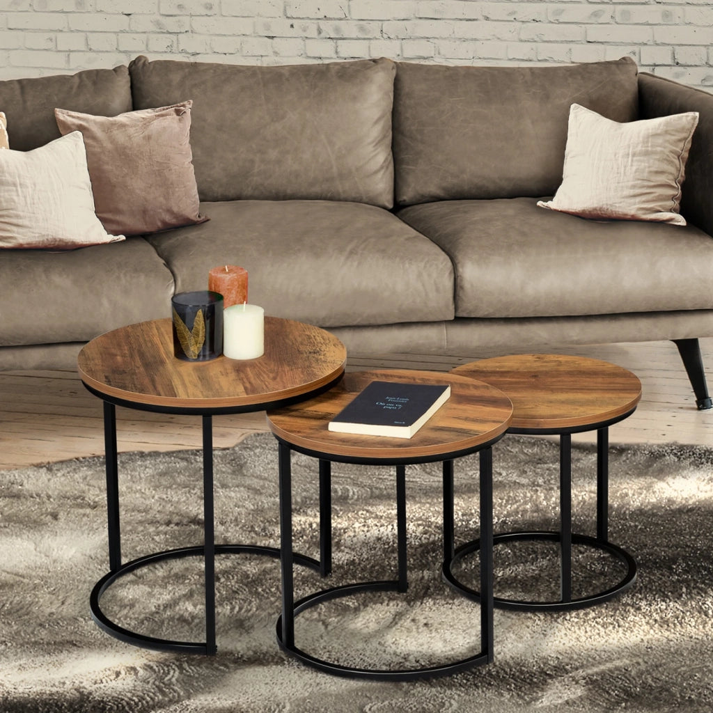 IDMarket - Set di 3 tavolini rotondi DAYTON 30/40/45 effetto invecchiato design industriale