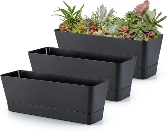 3 pezzi di vaso rettangolare in plastica da esterno per balcone per piante grasso erbe verdure (nero) 306 cm