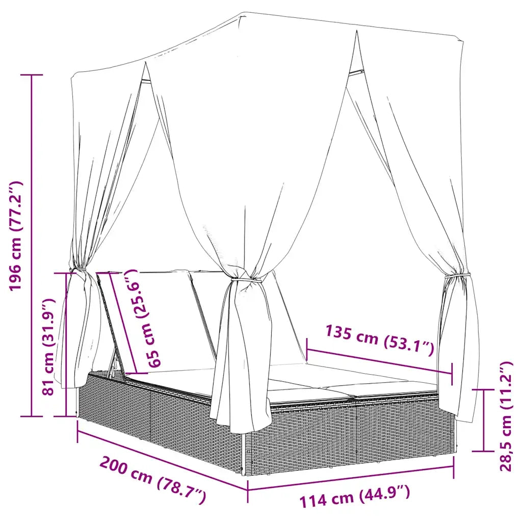 Lettino Prendisole Doppio Tetto e Tende Grigio in Polyrattan 368079
