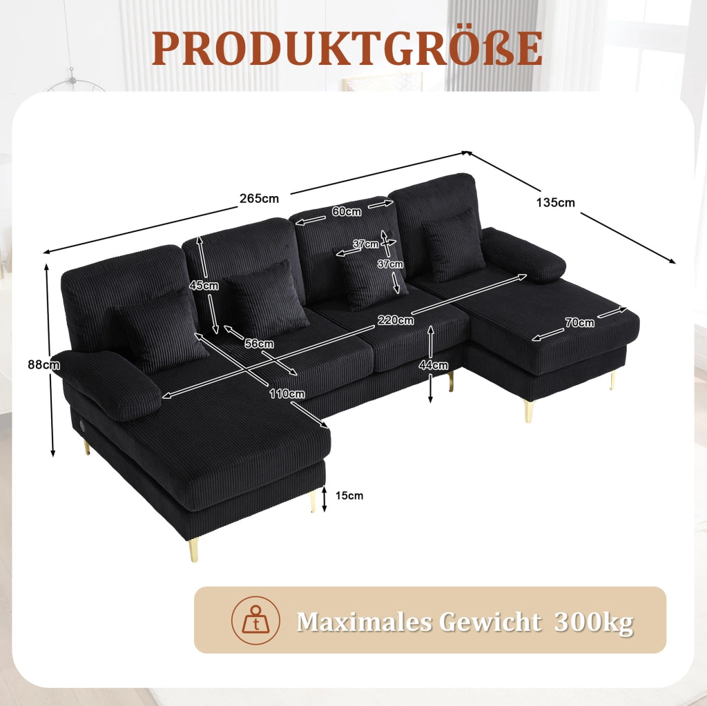 Divano a U 265x135x88 cm con illuminazione LED e porta USB; in velluto nero
