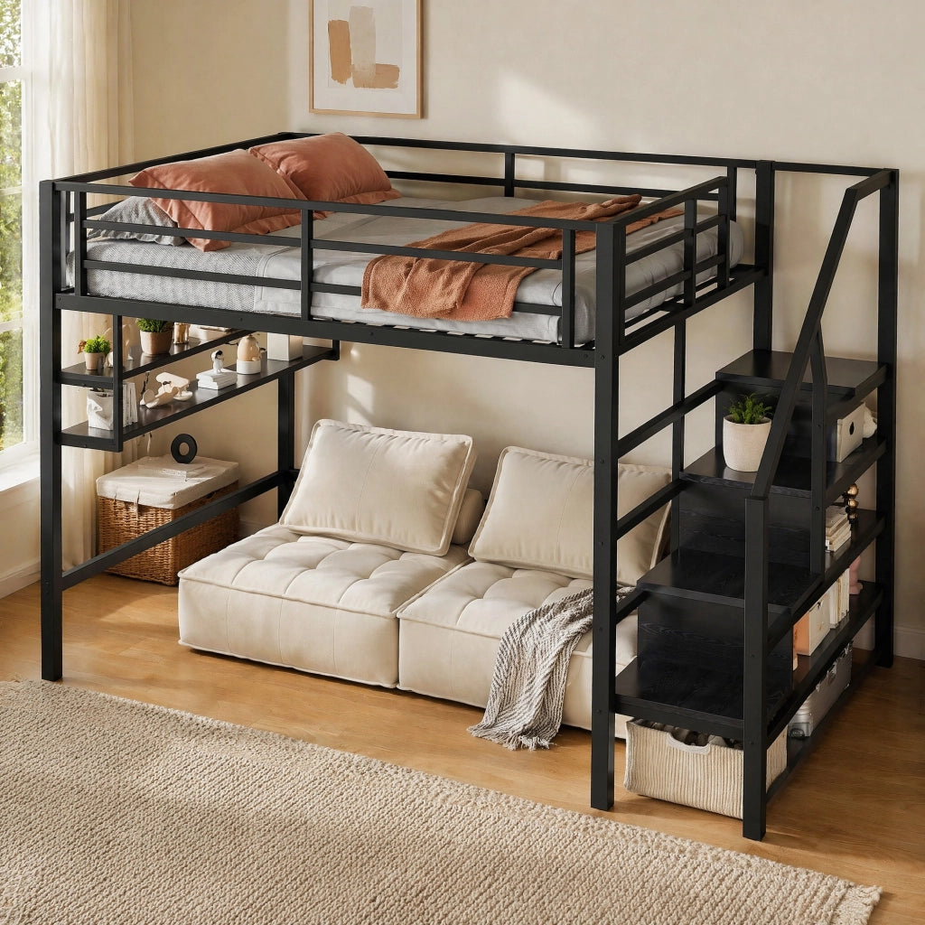 DESMIU Letto a soppalco per bambini 140 × 200 cm 2 posti con ripiani, scala contenitore e barriera, senza materasso, nero