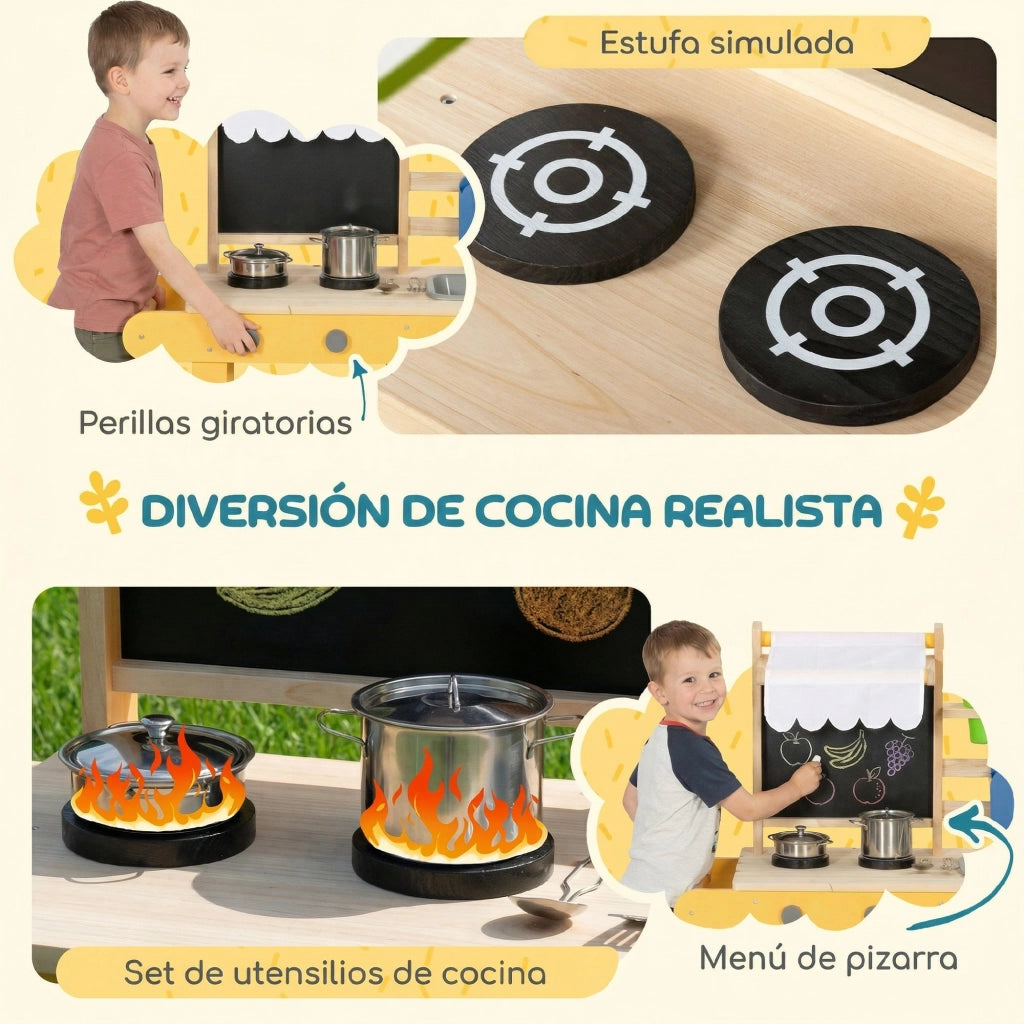 Casetta Gioco Cucina Esterno Legno con Ruote Lavandino e Accessori ¨C zephmum ¨C Giallo 84.2x34.4x90 cm