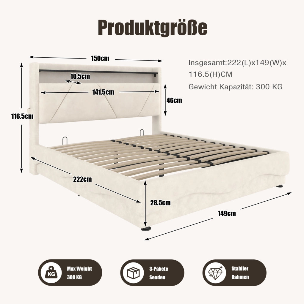 Letto imbottito 140x200 cm in velluto beige con testiera contenitore; LED; USB e Type-C
