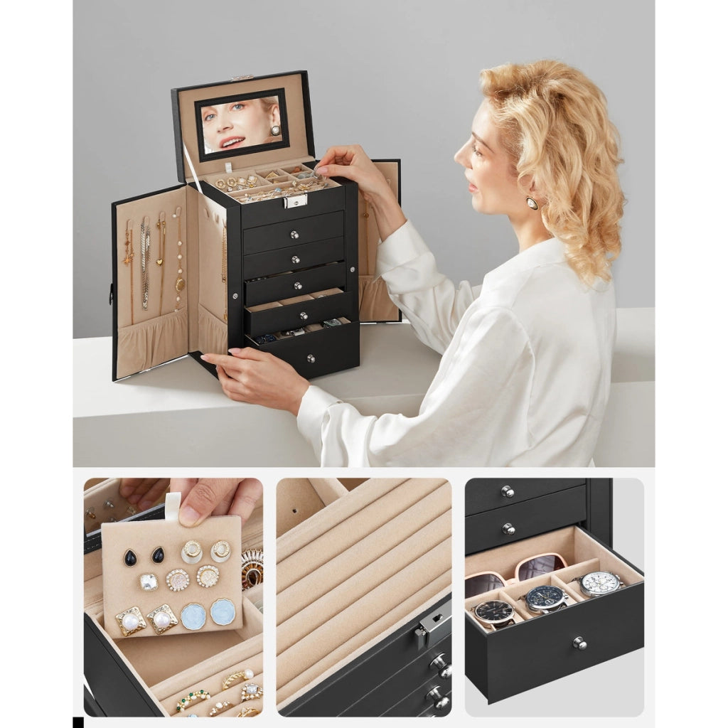 Cofanetto Portagioie Elegante in Ecopelle Nera con 5 Cassetti