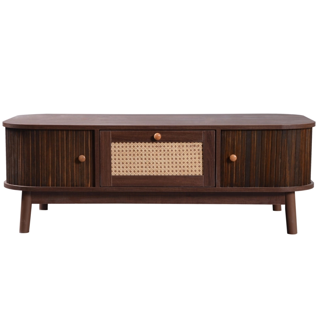 Tavolino da caffè 110x55x38;5 cm con cassetti e ante scorrevoli in rattan; MDF; naturale