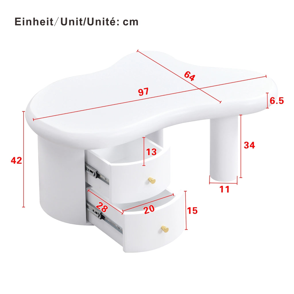Tavolino da Caffè Forma Organica con 2 Cassetti; Struttura in MDF; Design Minimalista; Bianco; 97×64×42 cm