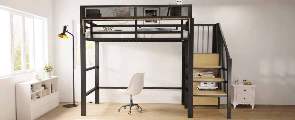 Letto a soppalco 90x200 in metallo con scala di sicurezza e ripiano modulabile, nero