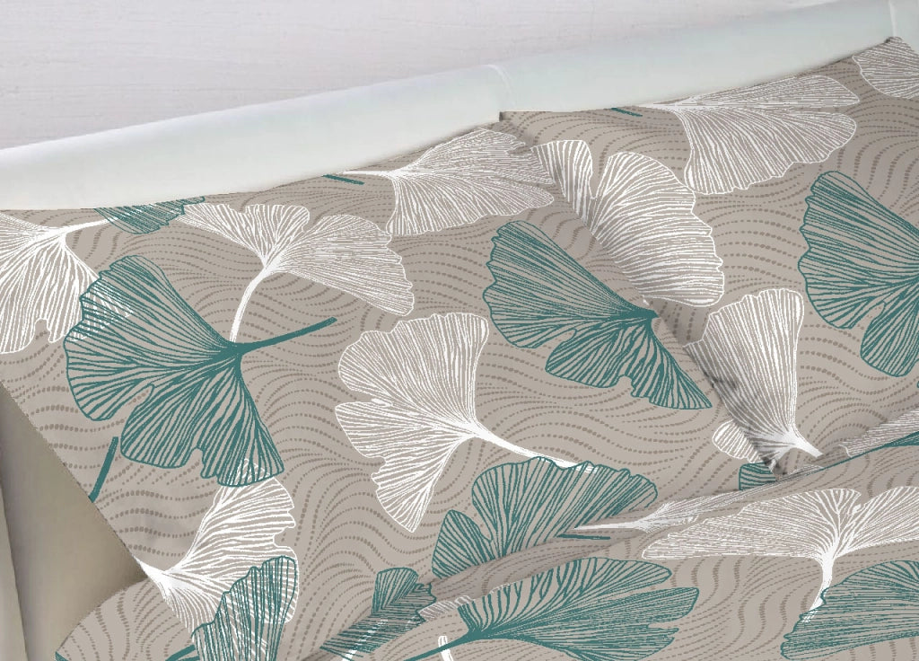 Completo Lenzuola Letto Morbida Flanella 100% Cotone Dis. Ginko - Maxi - Verde
