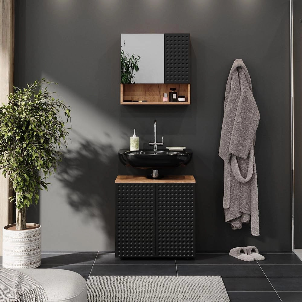 Set mobili bagno Irma, Antracite puntinato, 80 cm, composto da specchio da bagno e mobile sottolavabo