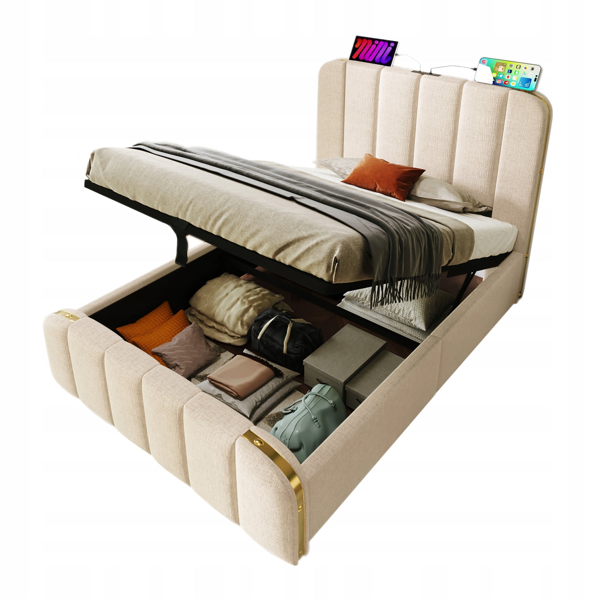 Letto imbottito 90x200 beige idraulico (con materasso) - Xylo