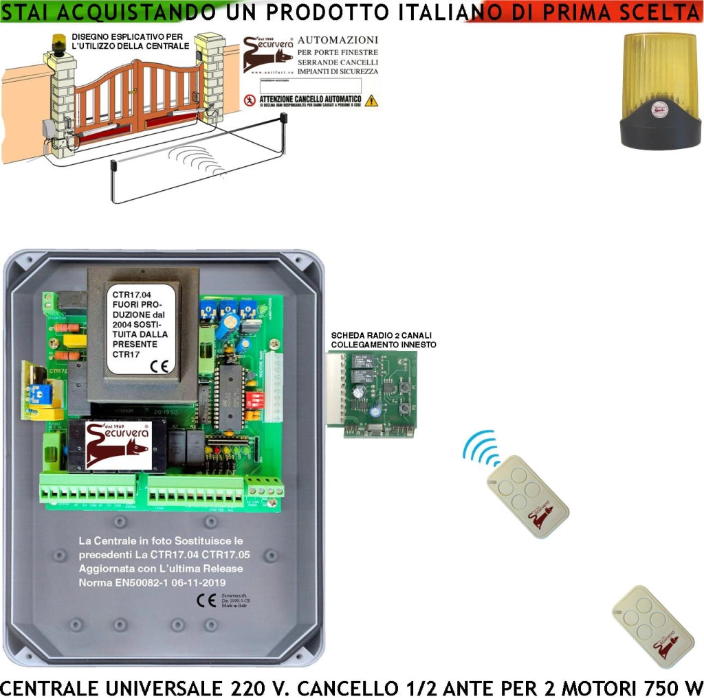 PM8000 CTR17 CENTRALE CANCELLO 2 ANTE CTR19 220 V SCHEDA RADIO 2 CANALI 2 RADIOCOMANDI TEMPI FUNZIONI E FORZA REGOLABILI FARO CARTELLO