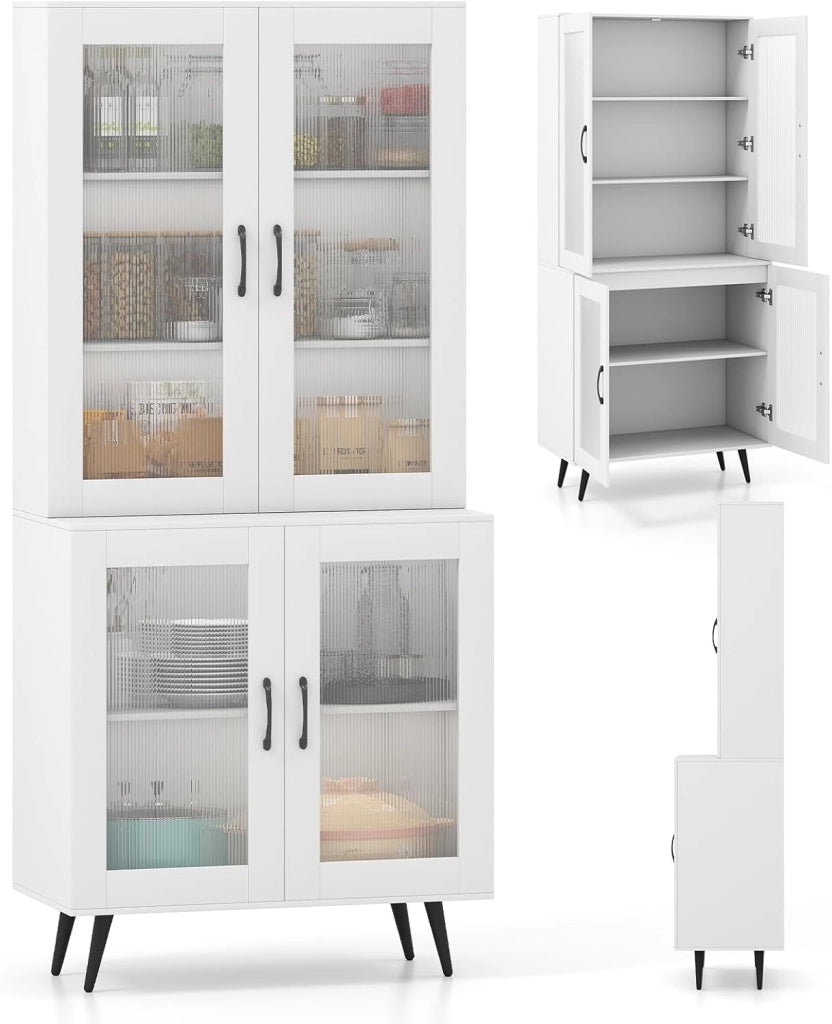 Credenza Alta da Cucina con 4 Ante Trasparente, Armadio a Buffet a 5 Livelli con Ripiani Regolabili, Mobile Dispensa, per Sala da Pranzo, Soggiorno, Bagno, 80 x 40 x 178,5 cm (Bianco)