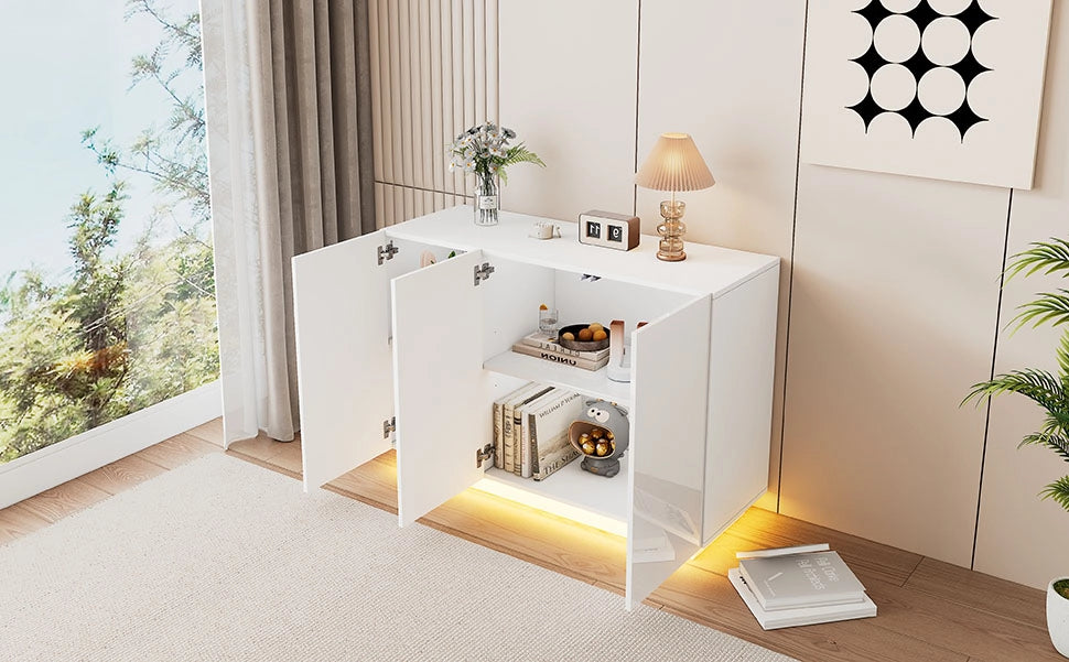 Credenza bianca lucida mobile con luci led bluetooth madia moderna 120 cm 3 ante