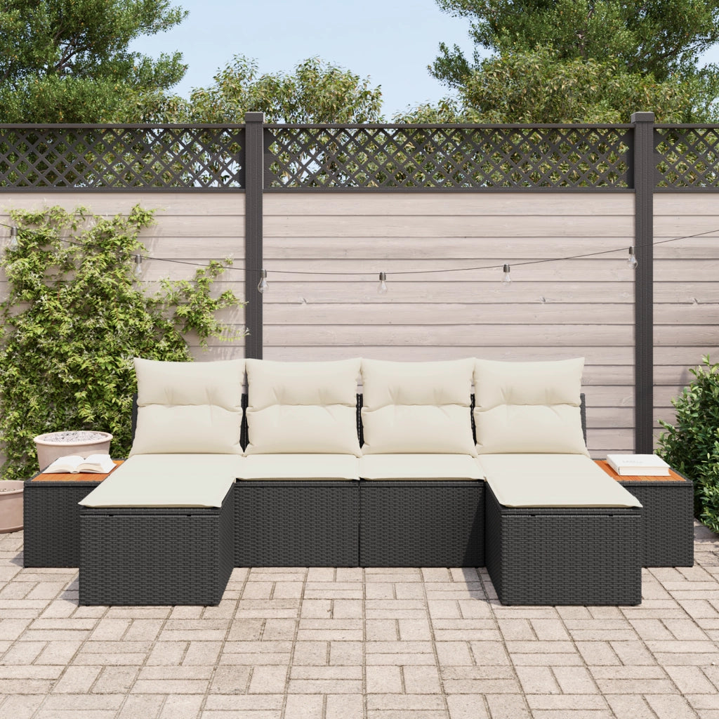 Set di Divani da Giardino 6 Pezzi con Cuscini Nero Polyrattan Acacia
