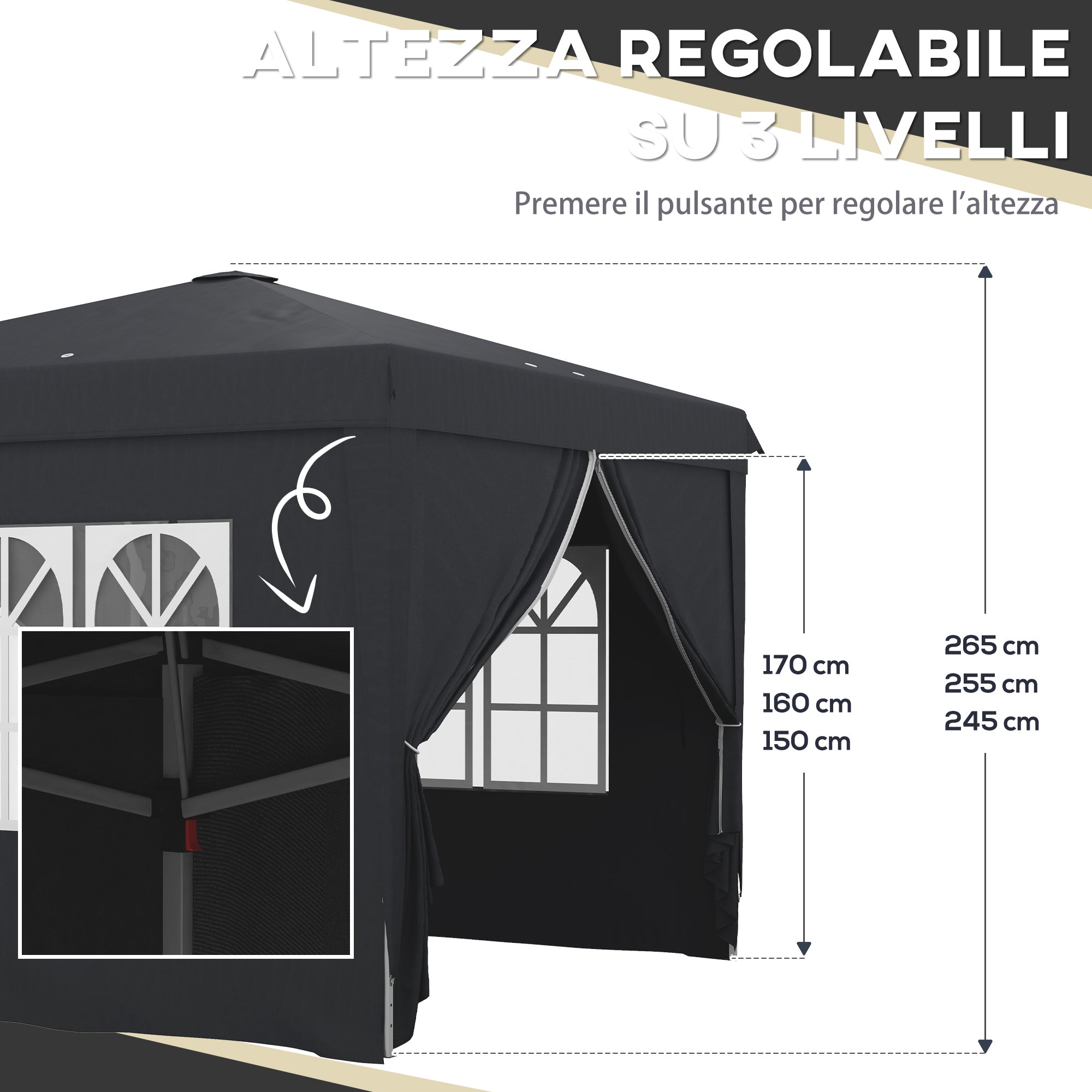 Gazebo Pieghevole 3x3m in Metallo Grigio