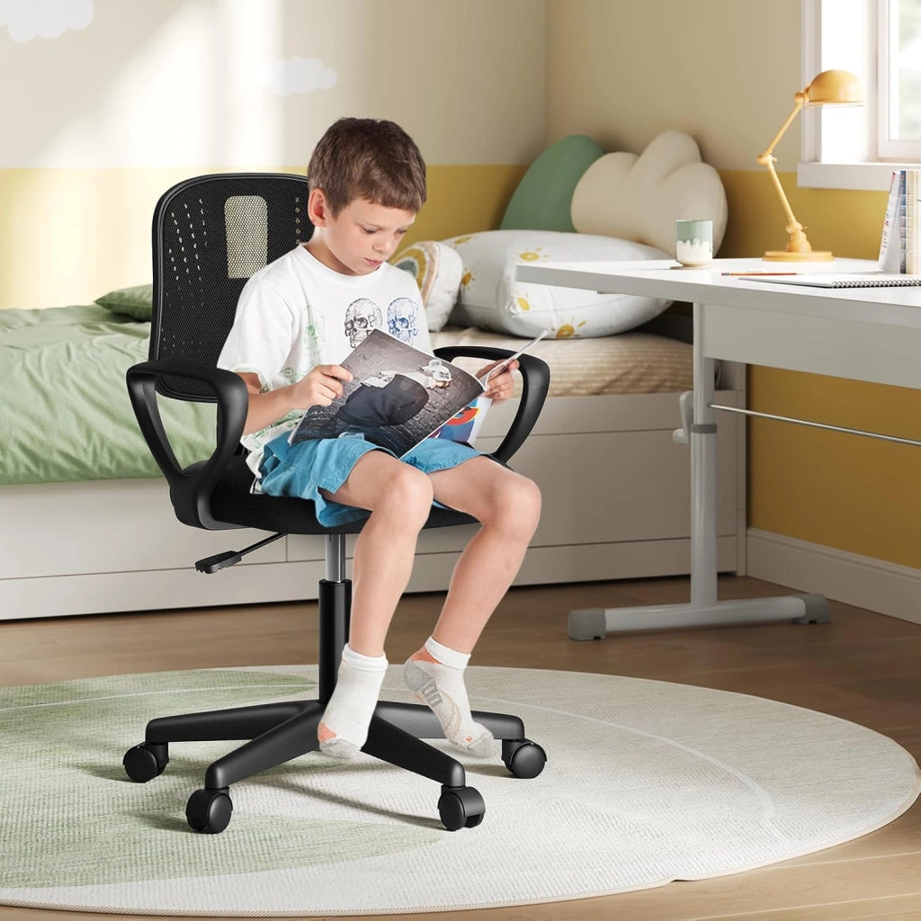 Sedia da Scrivania per Bambini, Sedia da Studio Girevole, Sedie Ergonomica con Ruote, Tessuto a Rete Traspirante, Sgabello Girevole con Schienale Regolabile Automaticamente, Nero, K0003BS