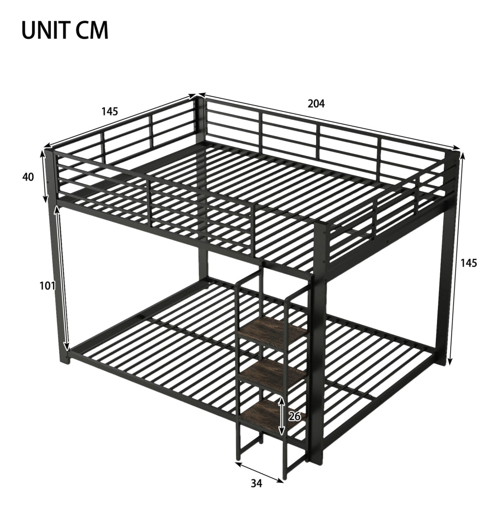 Letto a castello 140x200 cm con scala ampia e spondine di sicurezza in MDF e metallo nero