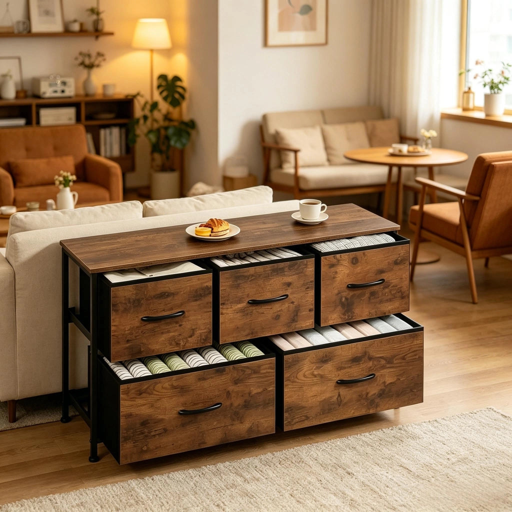 Comò con 5 cassetti in tessuto, struttura in metallo e MDF, stile vintage, per ingresso e soggiorno, 100 × 30 × 54 cm