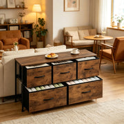 Comò con 5 cassetti in tessuto, struttura in metallo e MDF, stile vintage, per ingresso e soggiorno, 100 × 30 × 54 cm