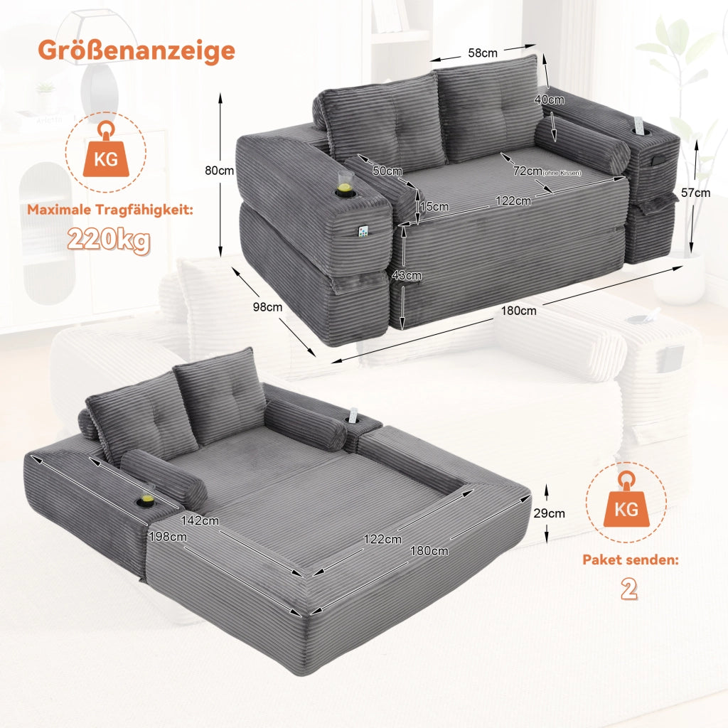 Divano letto modulare in tessuto a coste con tasche laterali, portabicchieri e cuscini memory grigio scuro