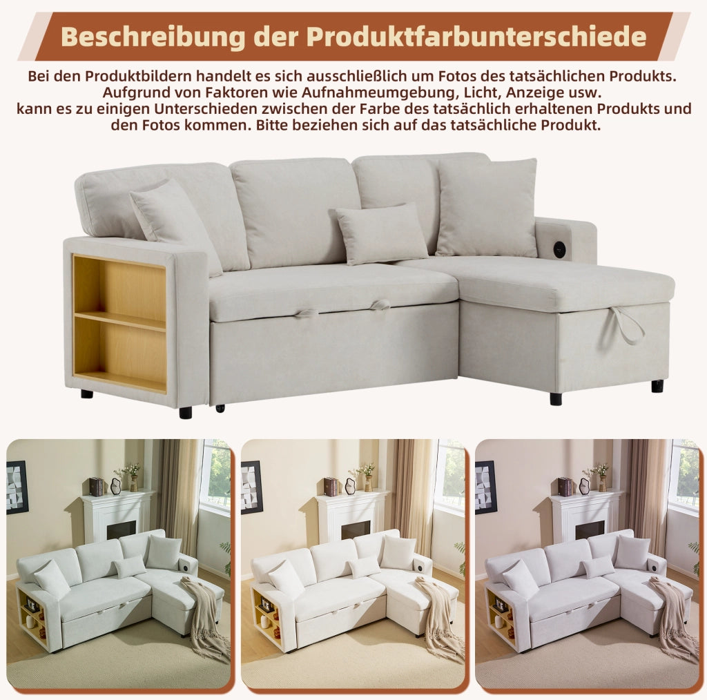 Divano letto angolare 3 posti con chaise longue reversibile; USB e contenitore; beige