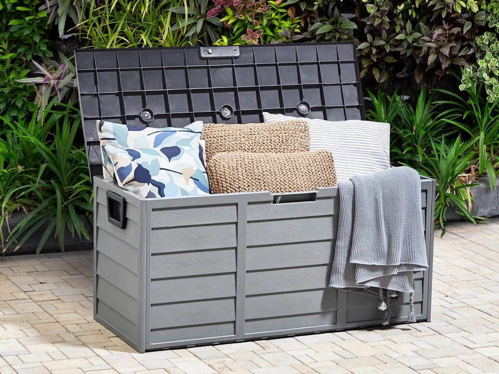 Cassetta portaoggetti da giardino in plastica grigia 112 x 50 cm con maniglie e rotelle Cassetta porta attrezzi da esterno