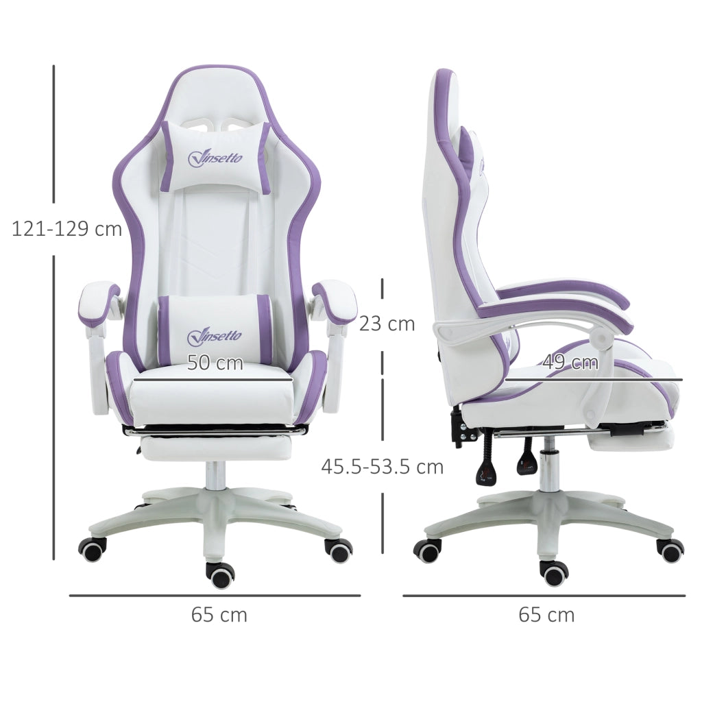 Sedia da Gaming con Altezza Regolabile e Schienale Reclinabile. 65x65x121-129 cm. Bianco e Viola