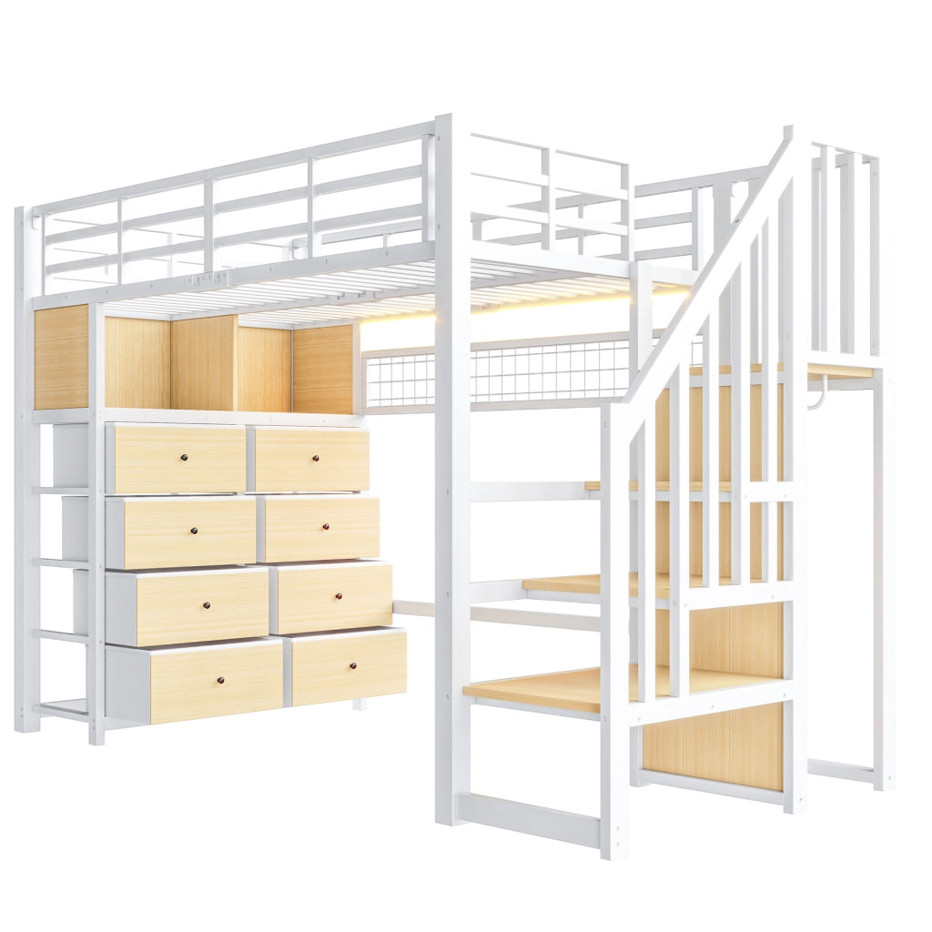 Letto a soppalco 90x200 cm con 8 cassetti e LED in MDF e metallo bianco