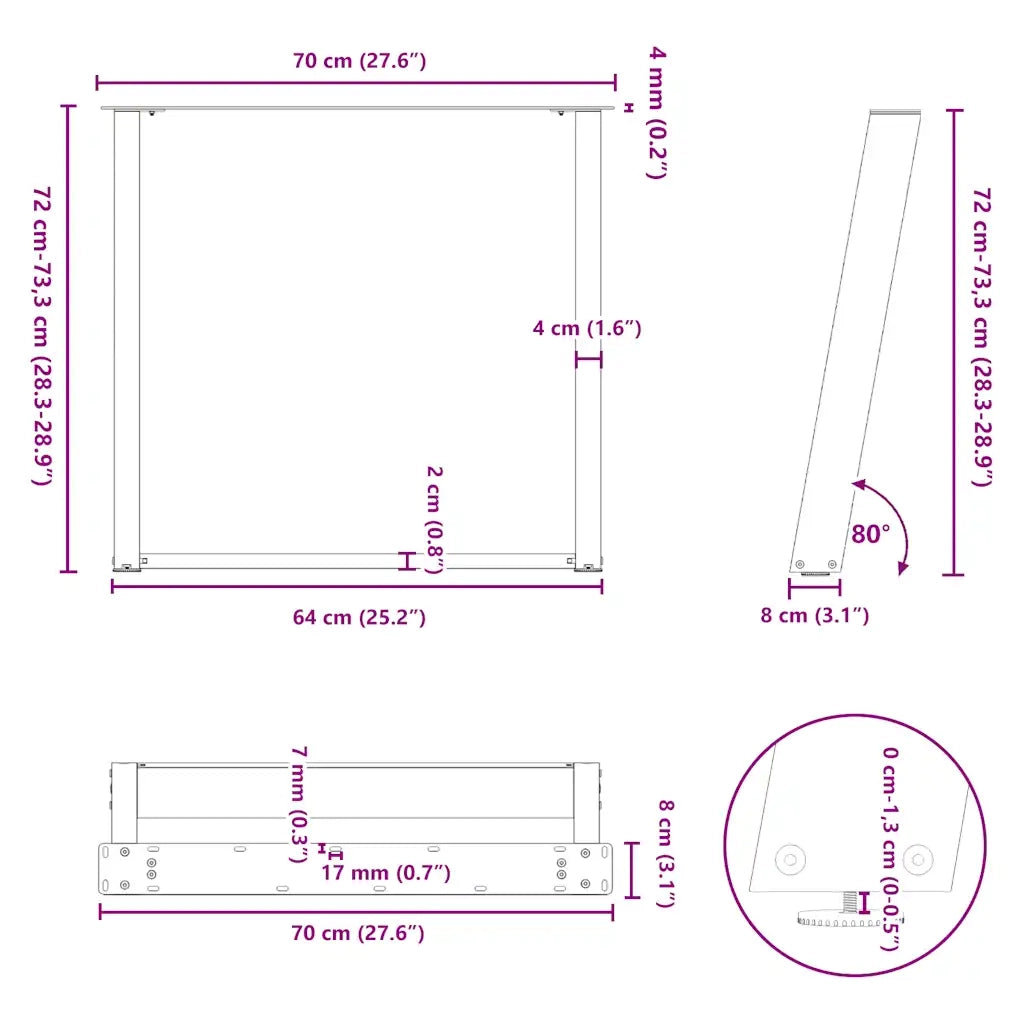 Gambe per tavolo da pranzo a forma di U 2 pz bianche 70x(72-73) cm in acciaio 4012793