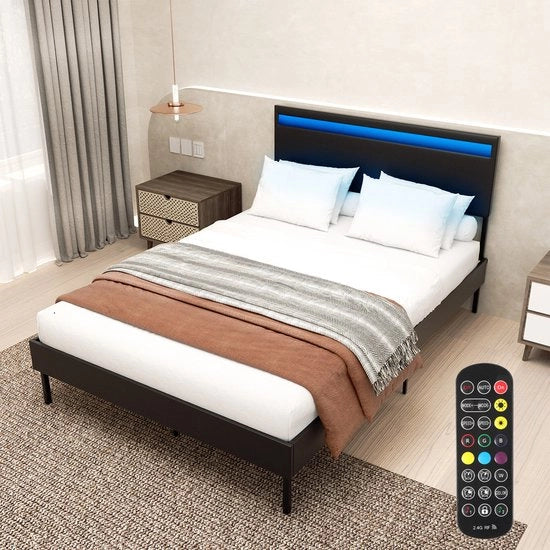 Letto Moderno Nero 140x200 cm - Cassetto con LED integrati, testata imbottita e piattaforma a rete inclusa