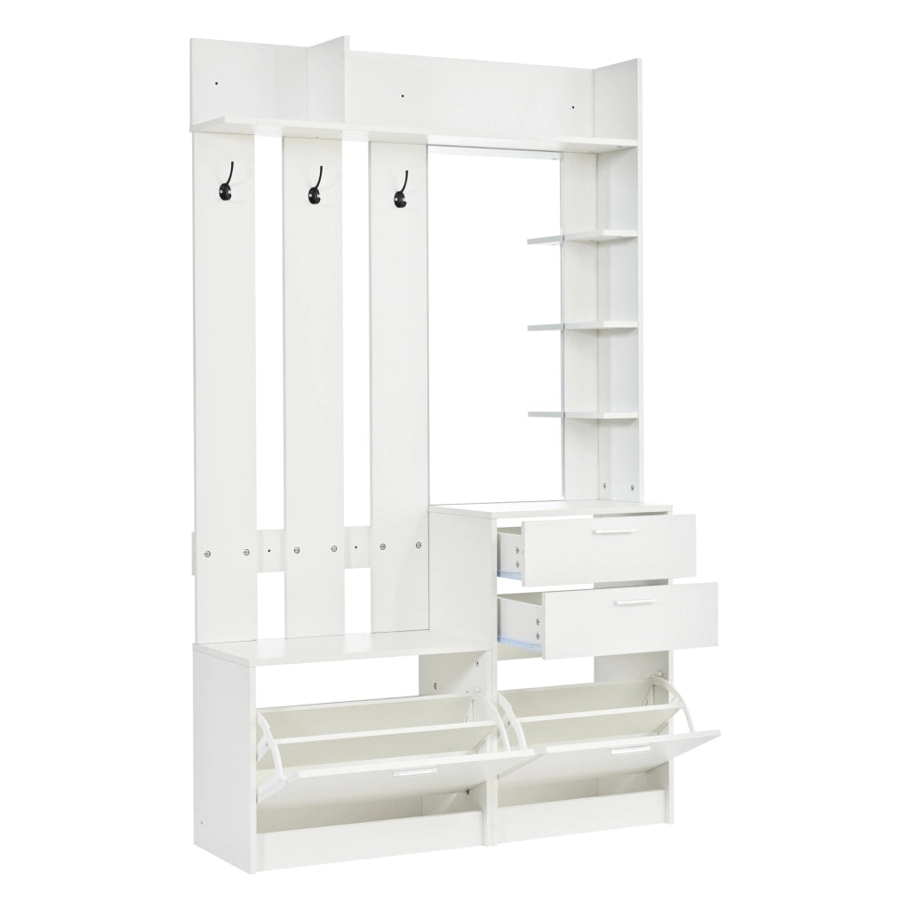 Mobile da ingresso con asta; specchio; 2 cassetti; 2 scarpiere a ribalta e 3 ganci; MDF; bianco; 110x34x185 cm