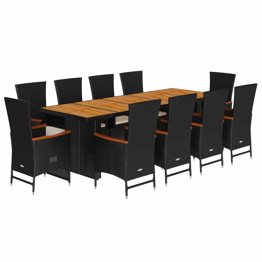 Set da Pranzo da Giardino 11 pz con Cuscini in Polyrattan Nero