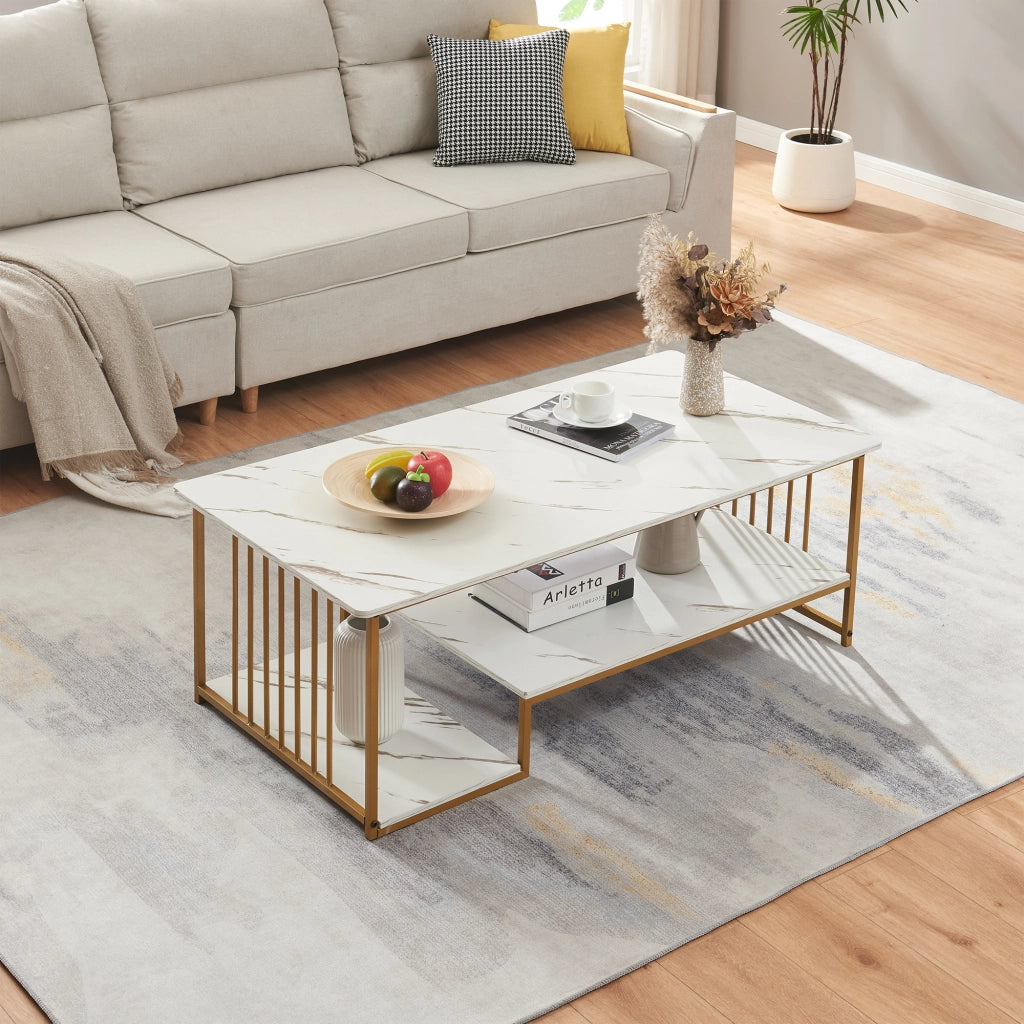 Tavolino Centrale da Salotto Klibro 120x60x42 cm Effetto Marmo Bianco / Dorato [en.casa]