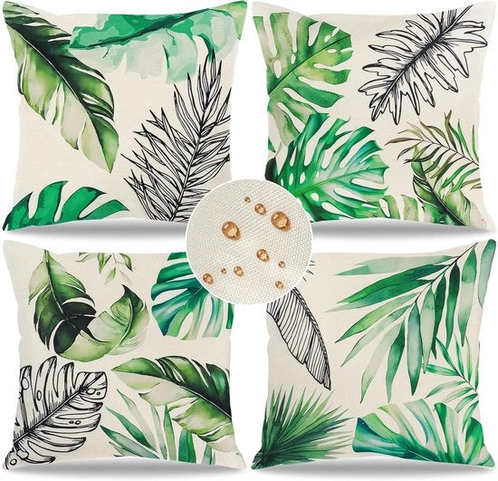 Set di 4 cuscini coprenti per esterno, 45 x 45 cm - Decorazione per giardino con foglie tropicali - Adatto per divano e terrazzo