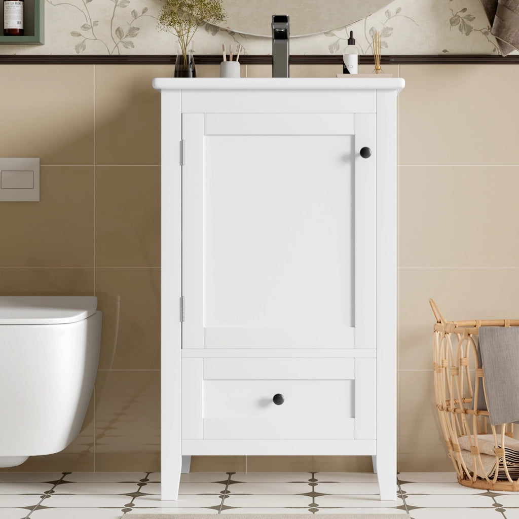 Mobile sottolavabo con lavandino in ceramica, 1 anta, 1 cassetto e ripiano regolabile, per bagno, bianco, 51 × 46 × 85 cm
