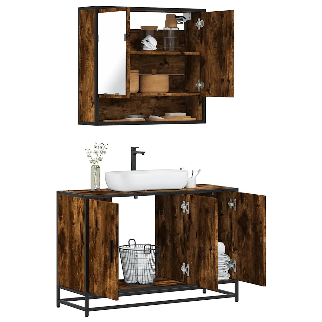 Set Mobili da Bagno | Armadio da bagno 2 pz Rovere Fumo in Legno Multistrato