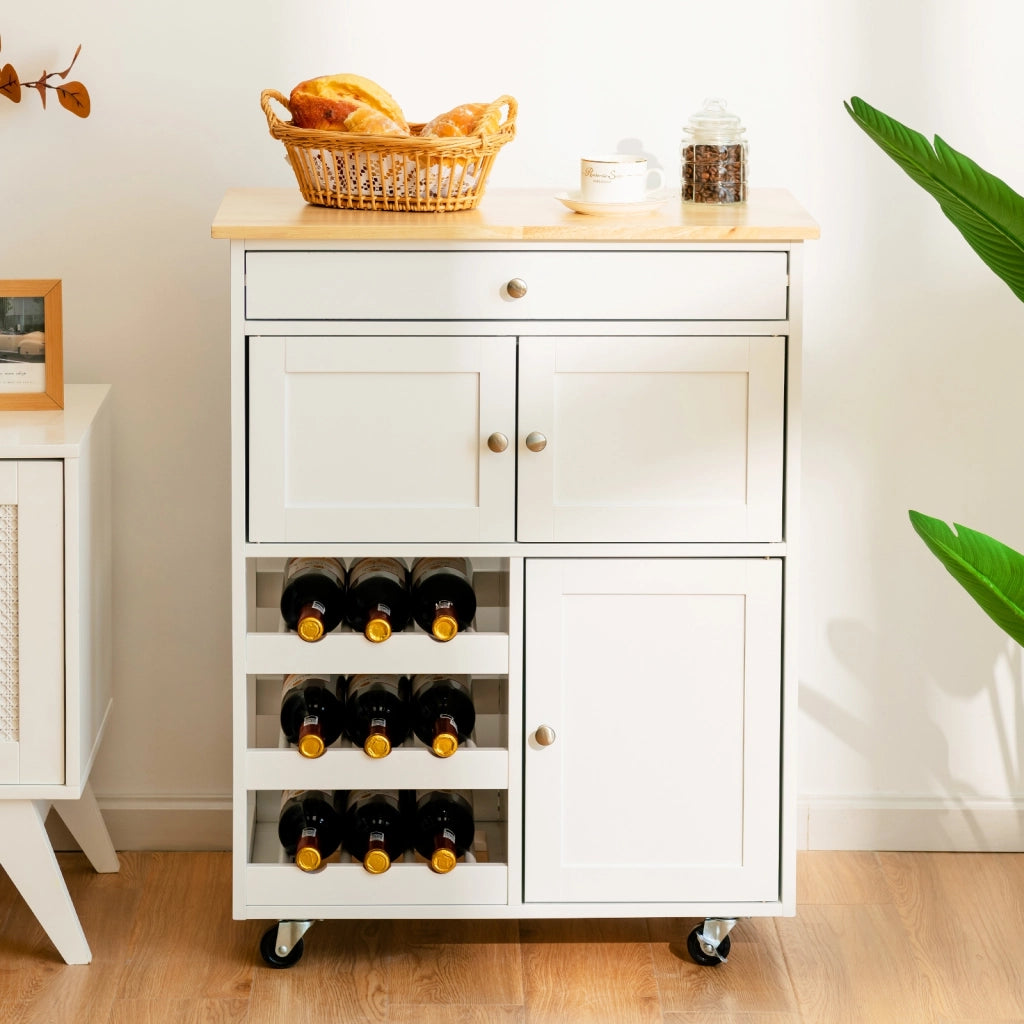 Carrello da cucina con portabottiglie a 3 livelli e cassetto, Isola da cucina con superficie in legno Bianco