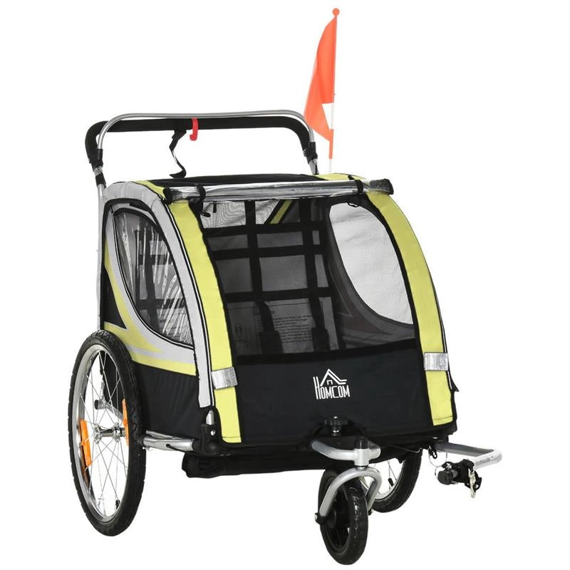 RIMORCHIO BICI E PASSEGGINO PER 2 BAMBINI CON CINTURE DI SICUREZZA E BANDIERINA