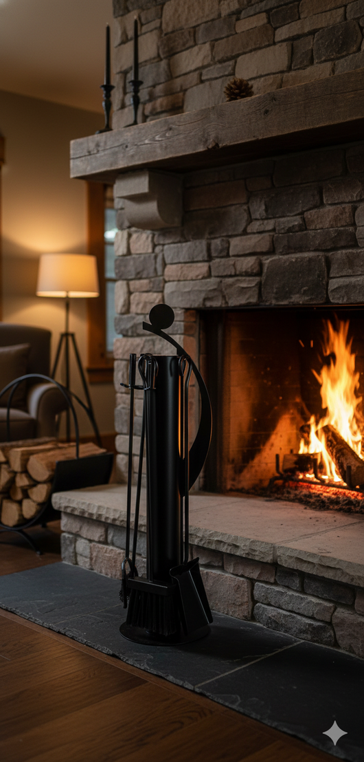 Trespolo per Attrezzi Camino Tubolare ed Elementi Decorativi con Paletta Scopino Attizzino e Pinza 18x18x63 cm in Ferro