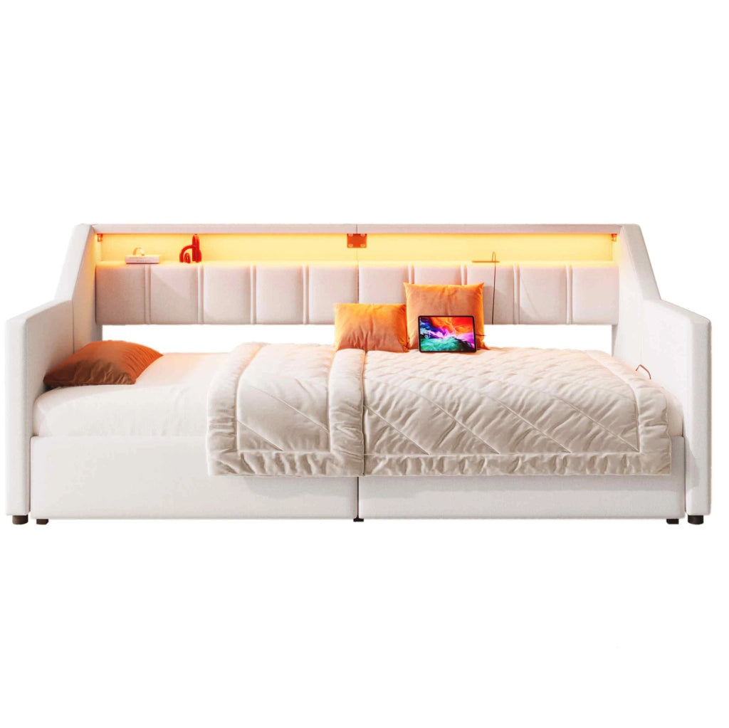 Letto da giorno beige 90x200 cm con estraibile 180x200, USB-C, LED e cassetti