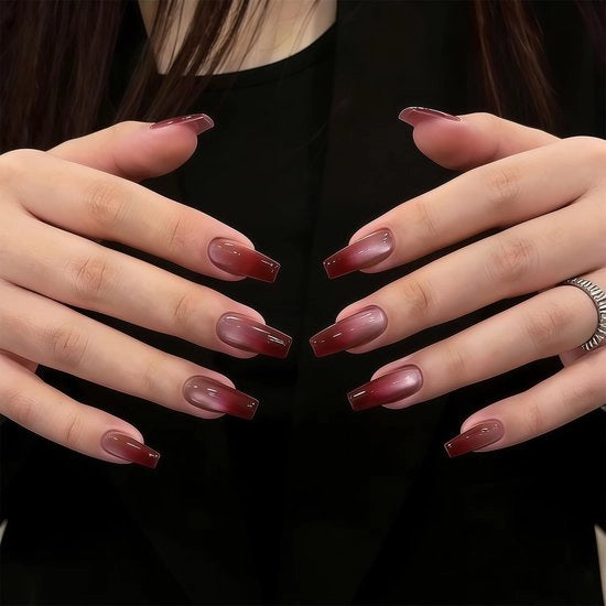Set di unghie press-on in ombre rosso vino, 24 pezzi, con occhi di gatto, per unghie lunghe, con adesivi, set di manicure DIY per donne