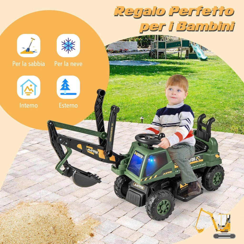 Escavatore Cavalcabile per Bambini, Ruspa Cavalcabile con Sedile Scomparto Portaoggetti, Funzione di Musica e di Educativa, Regalo per Bambini 3 Anni+ (Verde)