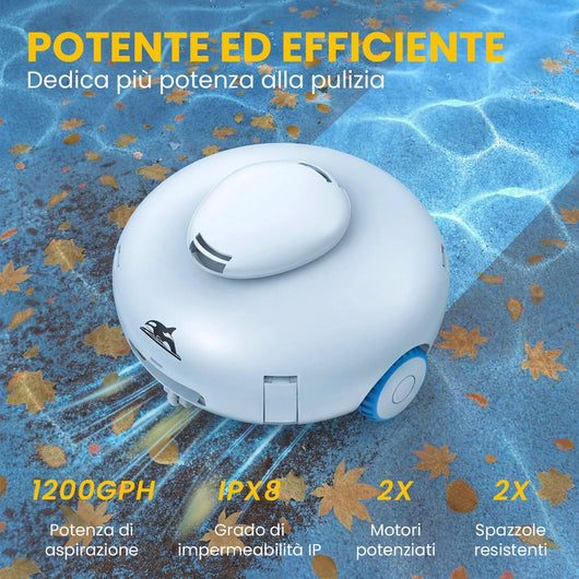 Robot pulitore per piscine, autonomia di 120 minuti, in grado di arrampicarsi sulle pareti della piscina, potente aspirazione, parcheggio automatico.