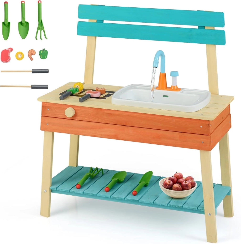 Cucina Giocattolo per Bambini, Cucinatta in Legno con Griglia, Manopola con Suoni, Cibo Giocattoloe e Lavello, Cucina di Fango Interattiva con Accessori da Giardinaggio, per Bambini 3-8 Anni