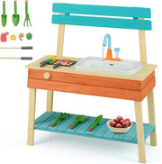 Cucina Giocattolo per Bambini, Cucinatta in Legno con Griglia, Manopola con Suoni, Cibo Giocattoloe e Lavello, Cucina di Fango Interattiva con Accessori da Giardinaggio, per Bambini 3-8 Anni