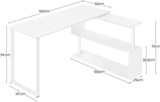 Scrivania a L con Scaffale Girevole - Scrivania Angolare 120x100x74cm + Porta Libri, per Camera/Soggiorno/Ufficio, Legno+Bianco