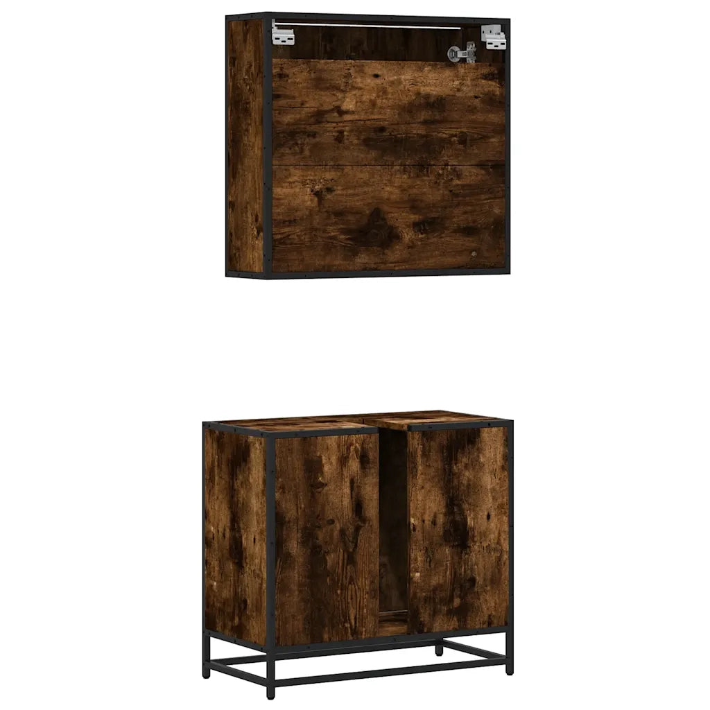Set Mobili da Bagno | Armadio da bagno 2 pz Rovere Fumo in Legno Multistrato