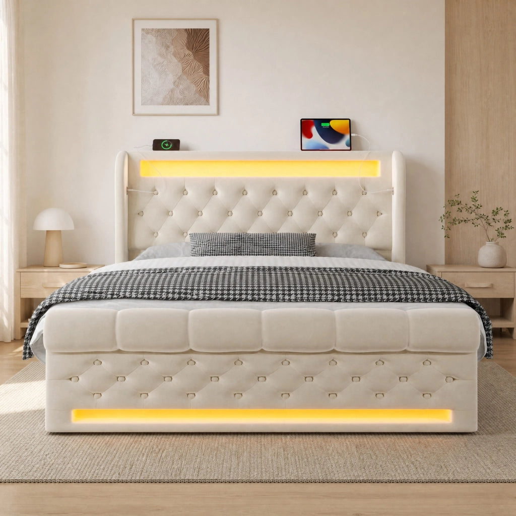 Letto matrimoniale imbottito 160x200 cm in velluto beige con LED; USB e Type-C